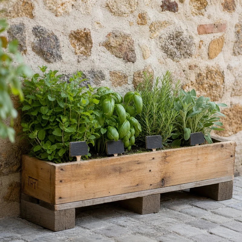 Jardinière DIY en palette de bois recyclée plantée d'herbes aromatiques sur une terrasse