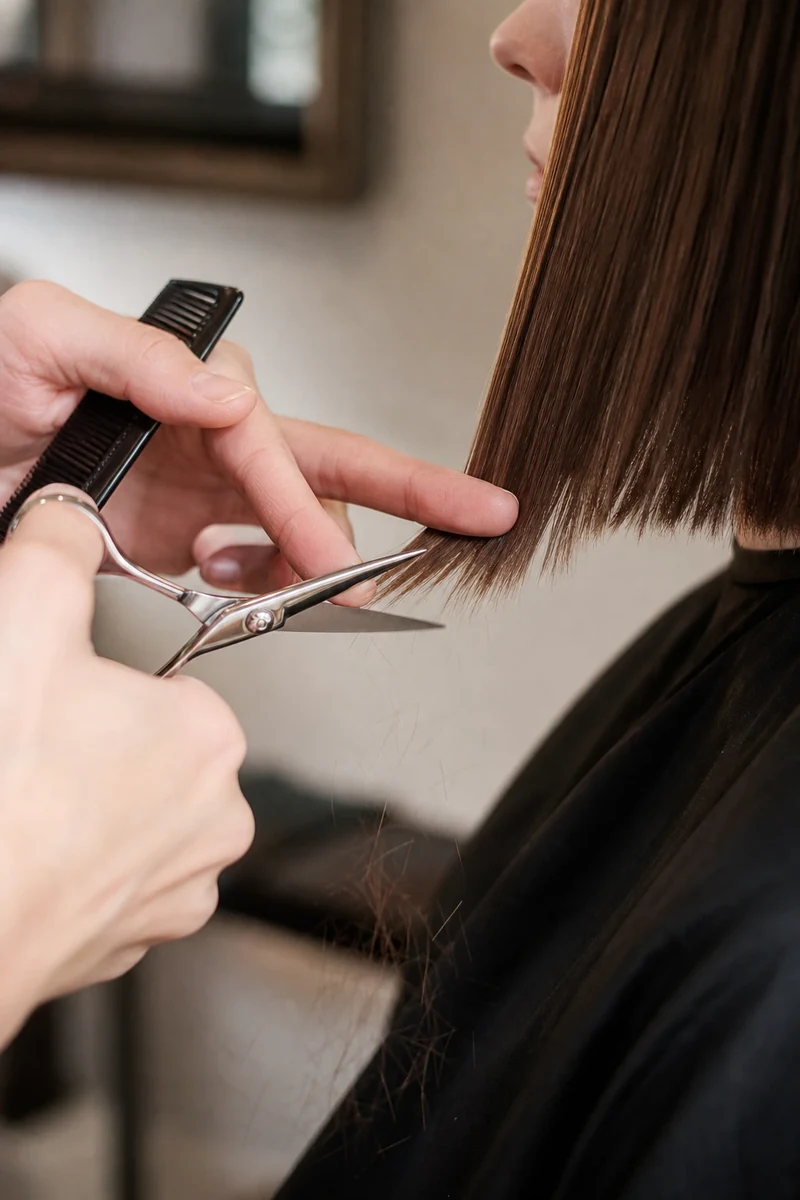 Gros plan sur la technique de coupe nette du Japanese Bob ciseaux à hauteur de mâchoire