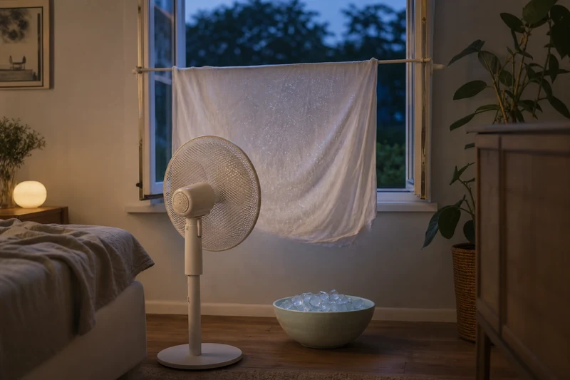 Ventilateur derrière un linge humide et un bol de glaçons pour rafraîchir une chambre sans climatisation