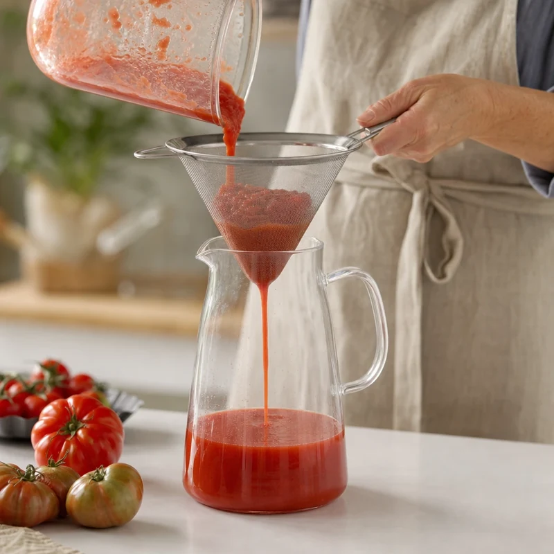 Filtrer le gaspacho au chinois pour une texture veloutée