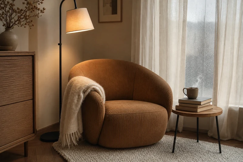 Coin lecture cocooning avec fauteuil en velours, plaid en mohair et lampadaire