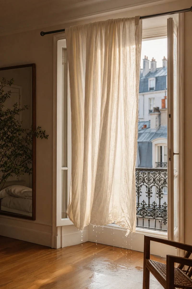Drap humide tendu devant une fenêtre ouverte pour rafraîchir l'air par évaporation