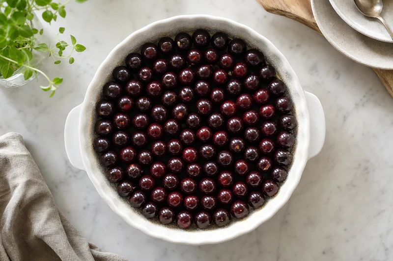 Cerises noires entières disposées dans le plat à gratin beurré