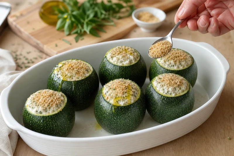 Courgettes farcies prêtes à enfourner dans un plat à gratin