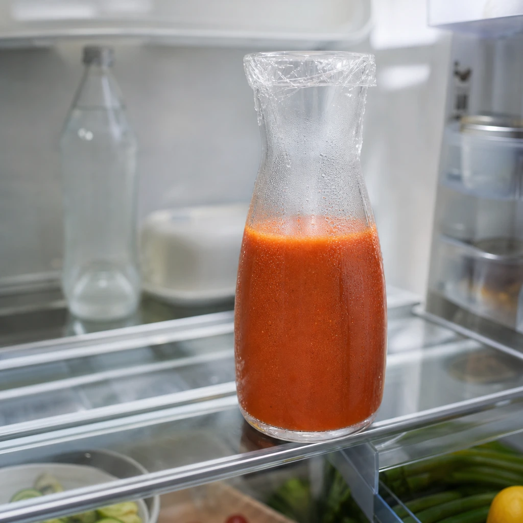 Carafe en verre de gaspacho au repos dans le réfrigérateur