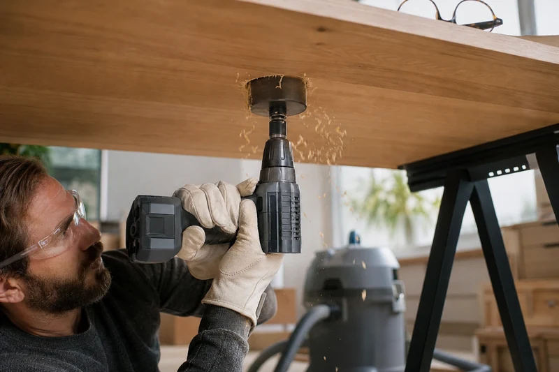 Perçage de la cavité du chargeur à induction à la scie cloche dans la sous-face du plateau