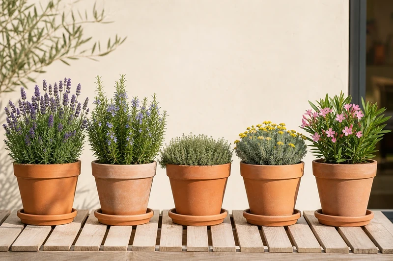 Cinq plantes méditerranéennes en pot terre cuite pour balcon plein sud : lavande, romarin, thym, santoline, laurier-rose