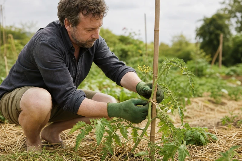 Tuteurage d'urgence d'un plant de tomate versé par le vent