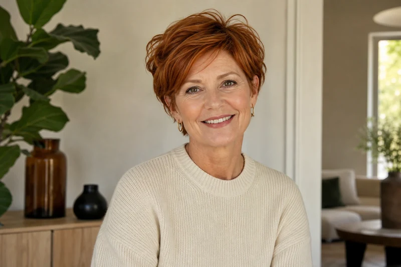 Bixie sur cheveux roux cuivré, femme souriante de 56 ans en pull crème
