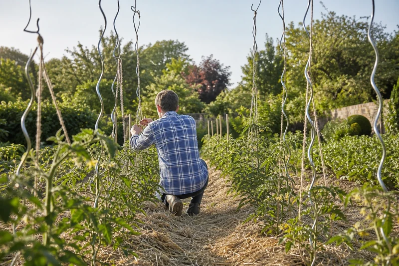 Tuteurage de tomates en spirales métalliques dans un potager français