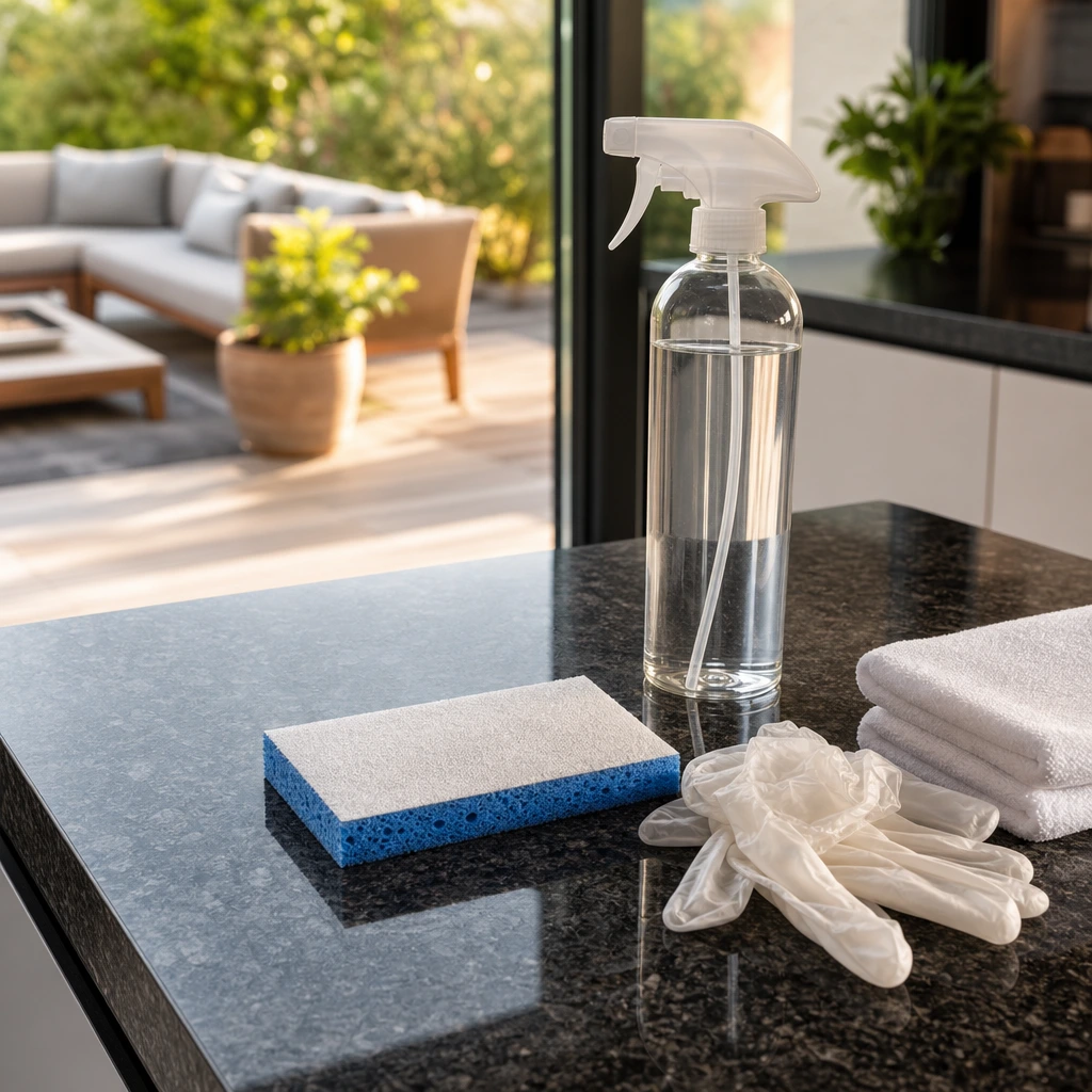 Entretien hydrofuge semestriel d'un plan de travail en granite noir poli pour cuisine extérieure