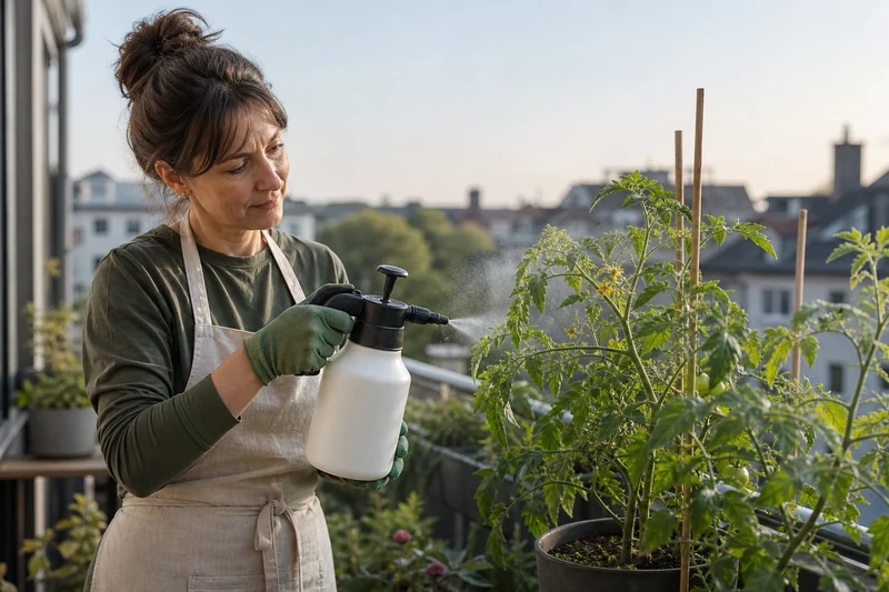Pulvérisation préventive sur le feuillage d'un plant de tomate de balcon, tôt le matin