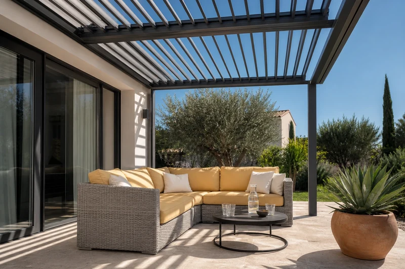 Pergola bioclimatique en aluminium anthracite avec canapé d'angle en résine tressée et coussins jaune beurre