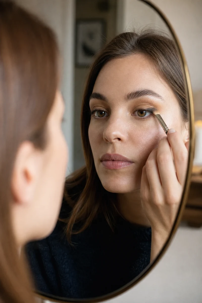 Maquillage des yeux avec crayon waterproof estompé et fard à paupières poudre doré