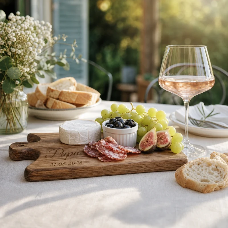 Planche apéro gravée pour la fête des pères avec saucisson fromage olives en terrasse