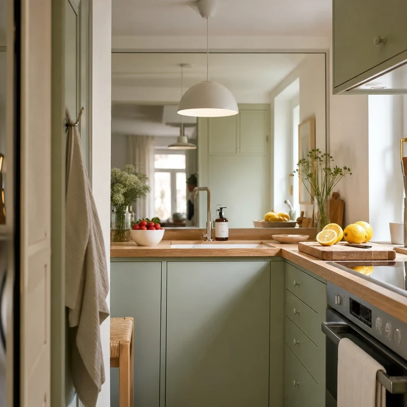 Petite cuisine vert sauge clair avec plan de travail bois et accessoires pour maximiser la lumière