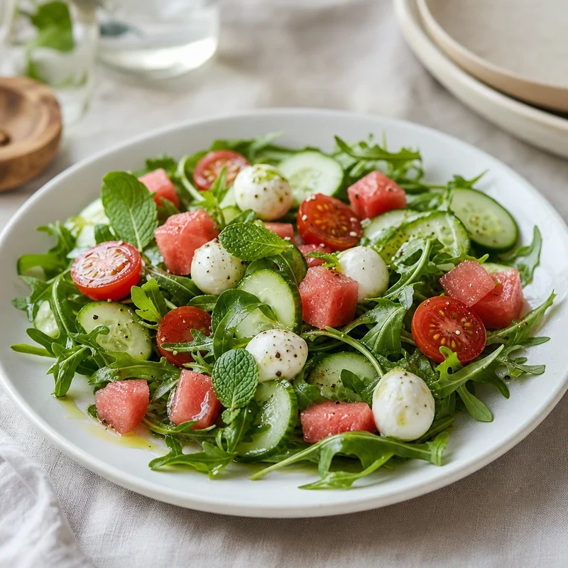 Salade d'été à la roquette, concombre, tomates cerises, pastèque et mozzarella