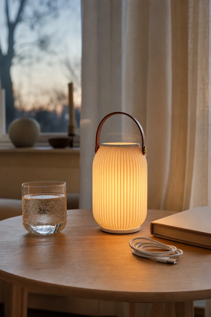Lampe nomade rechargeable LED en céramique blanche allumée en lumière chaude sur une table de salon
