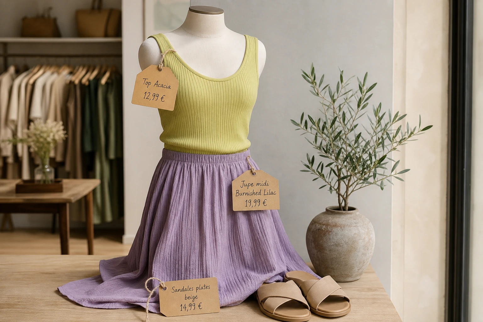 Look color block budget 30 à 40 euros avec étiquettes prix visibles