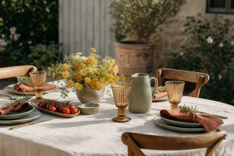 Table d'été avec vaisselle vert pistache, serviettes terracotta et bouquet jaune beurre
