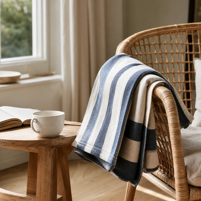 Plaid à rayures balnéaires bleu marine et écru sur fauteuil en rotin