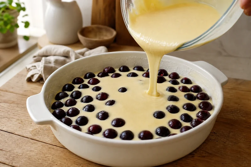 Versement de la pâte à clafoutis sur les cerises noires disposées dans le plat à gratin