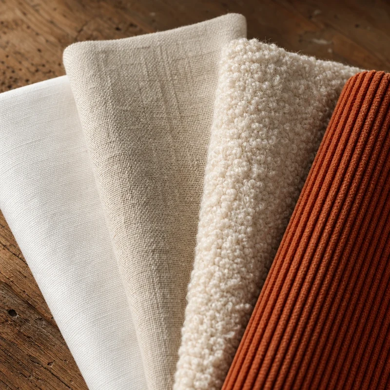 Échantillons de textiles : coton, lin, laine bouclée, velours côtelé