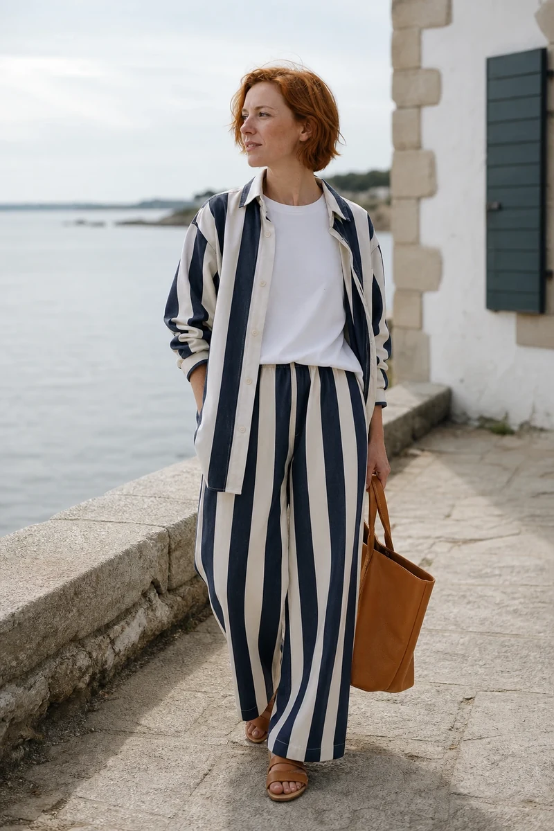Femme en ensemble coordonné rayures larges bleu marine et blanc en bord de mer breton.
