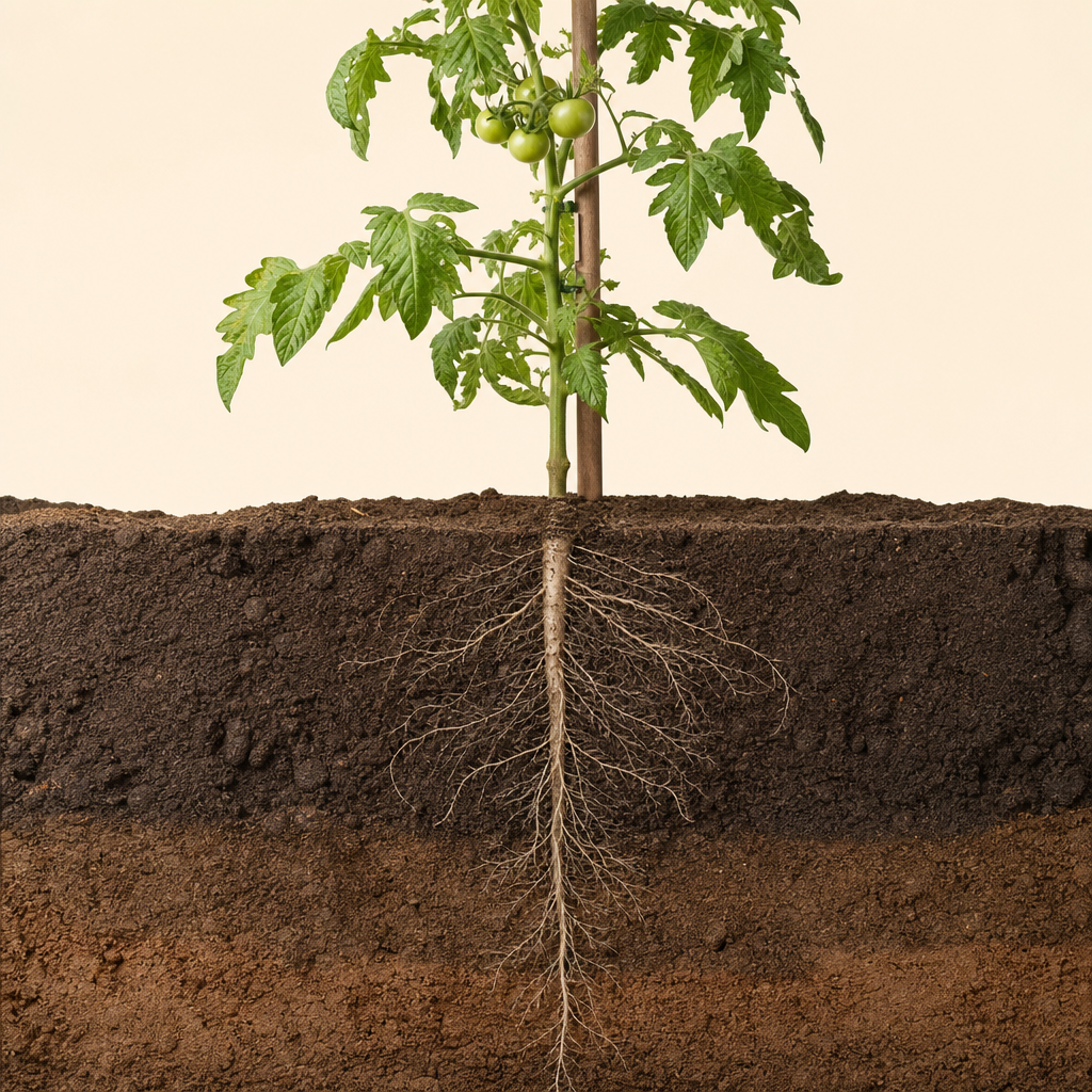 Coupe d'un plant de tomate à enracinement profond dans le sol