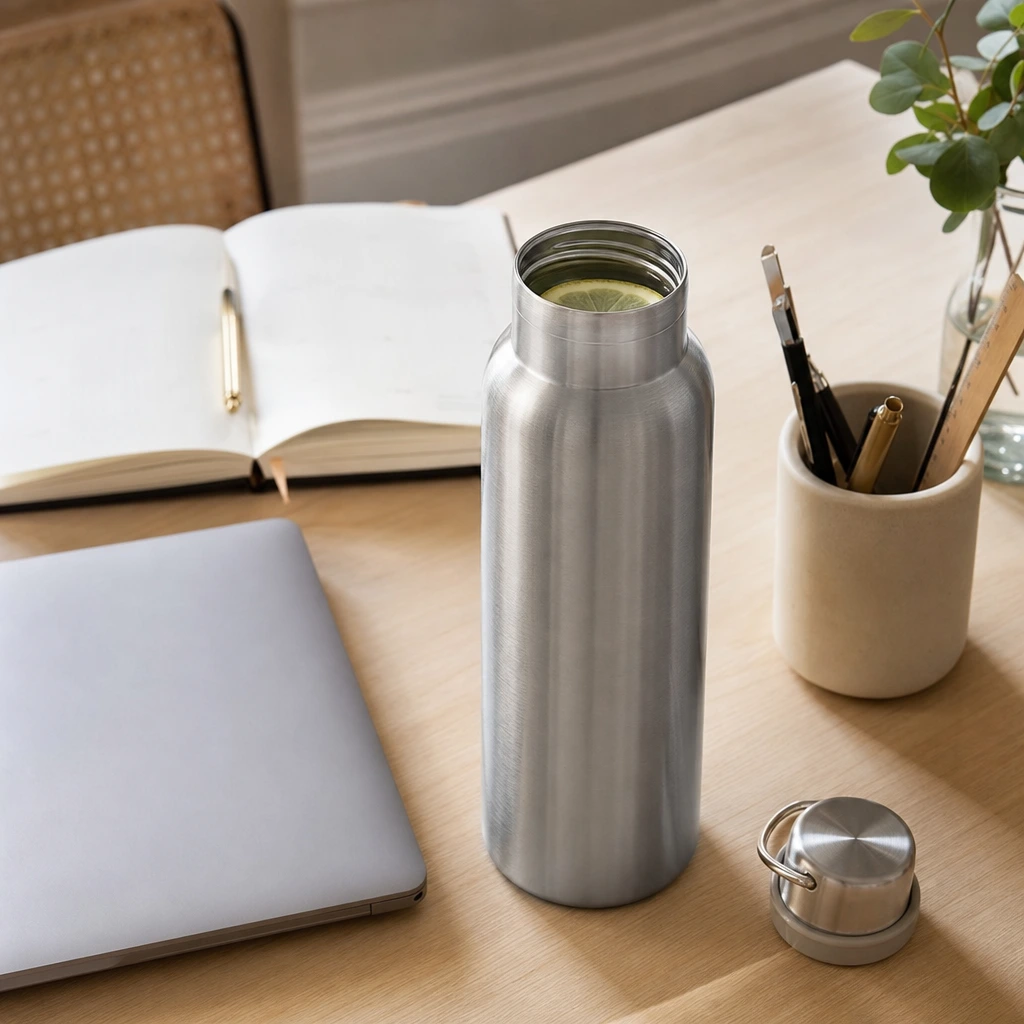 Gourde en inox sur un bureau : astuce pour boire régulièrement au travail