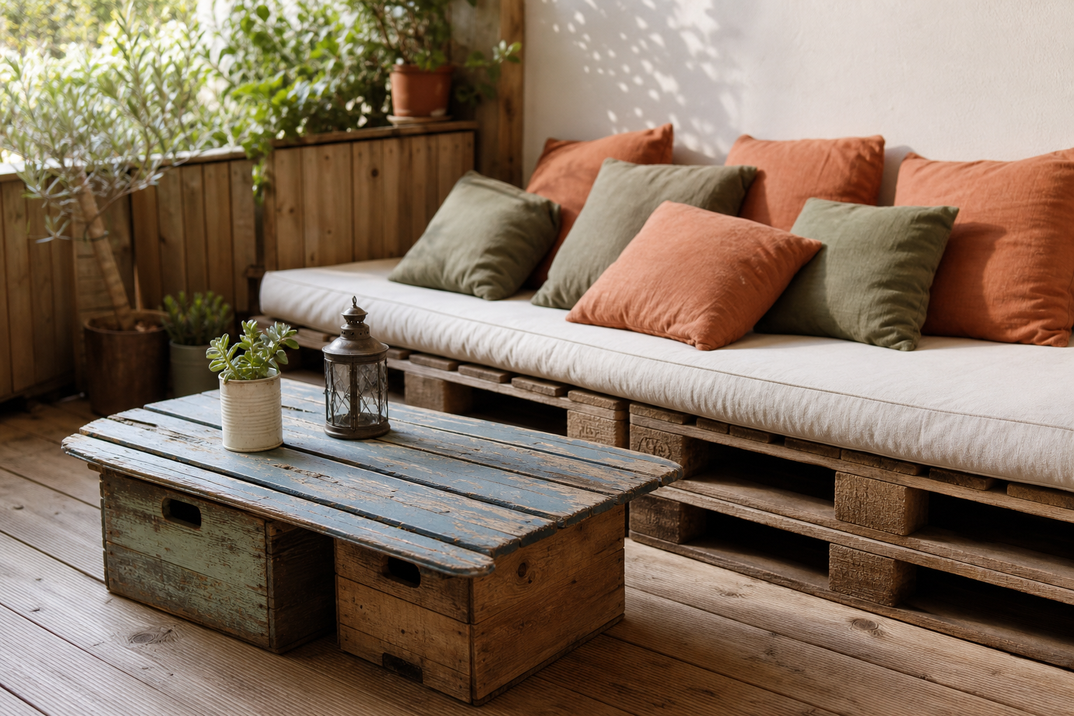 Salon de jardin upcycling à base de palettes en bois et volet ancien bleu fané