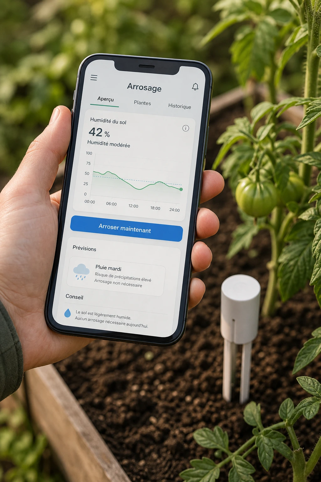 Pilotage à distance de l'arrosage du jardin via une application smartphone et sonde d'humidité