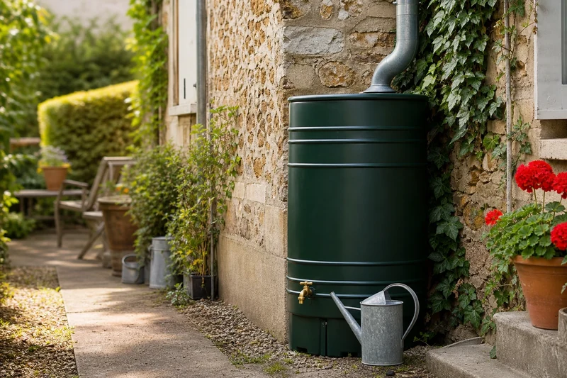 Récupérateur d'eau de pluie vert installé sous une gouttière de maison française pour arroser le potager