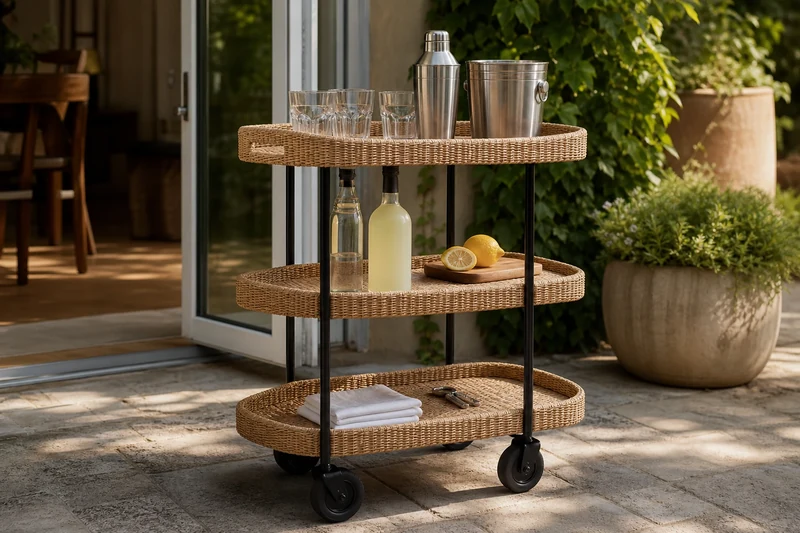 Bar roulant outdoor trois niveaux dressé pour servir des boissons dans le jardin