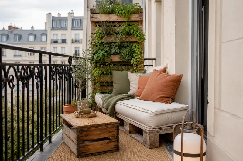 Petit balcon parisien upcycling avec banquette en palettes et mur d'aromates vertical