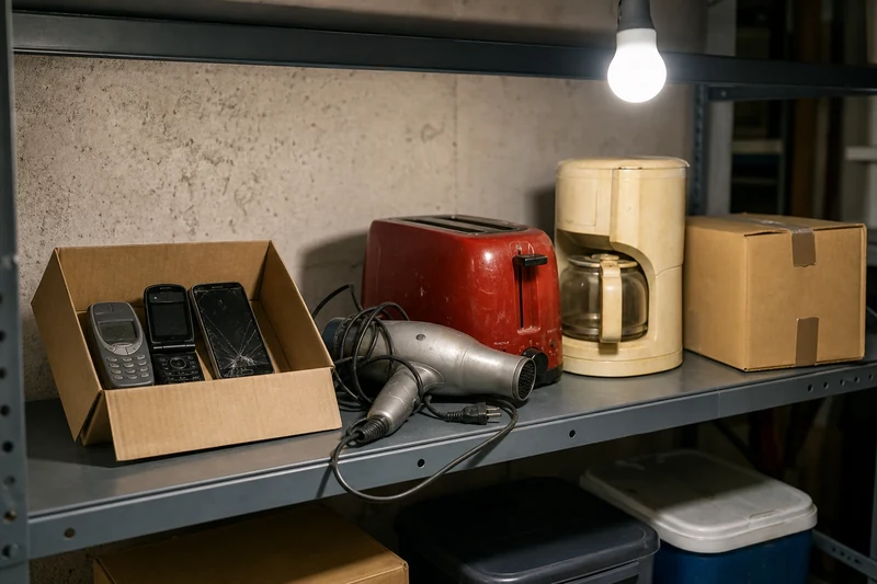 Vieux appareils électroniques regroupés dans un carton étiqueté DEEE pour la déchetterie