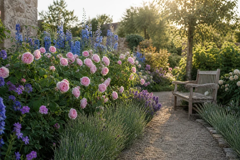 Massif fleuri français en pleine floraison de juin