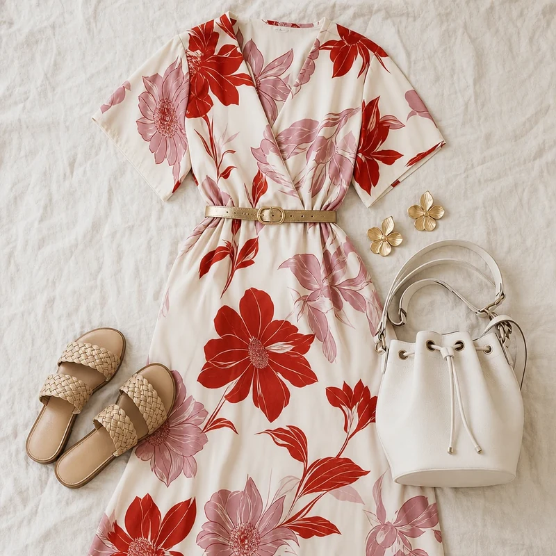 Mise à plat d'une tenue maximaliste avec robe florale XXL, sandales et accessoires dorés