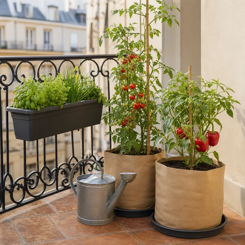Mini-potager organisé sur un petit balcon parisien de trois mètres carrés avec grow bags et jardinière