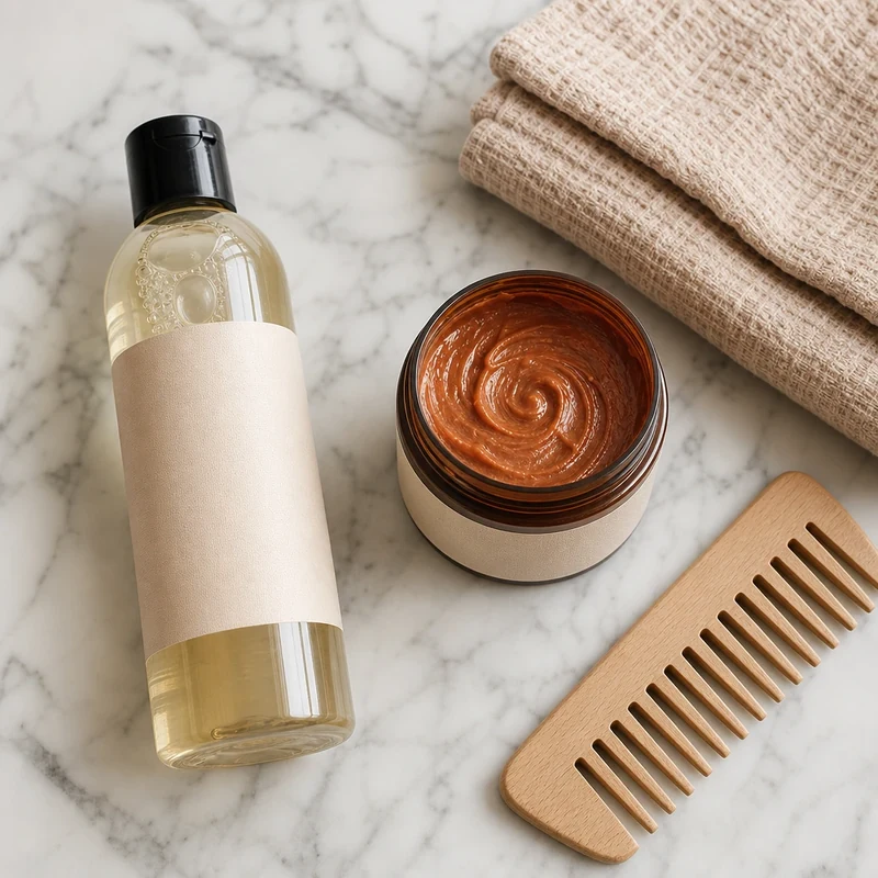 Routine d'entretien balayage : shampoing sans sulfate, masque pigmentant cuivré et peigne en bois