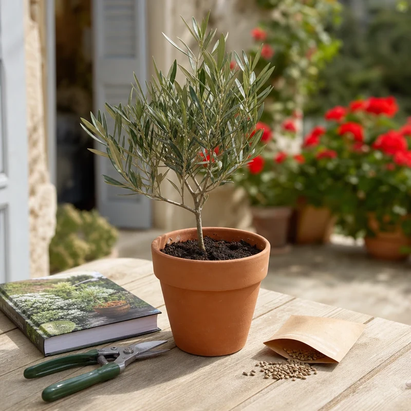Cadeau papa nature : jeune olivier en pot de terre cuite avec sécateur et livre de jardinage