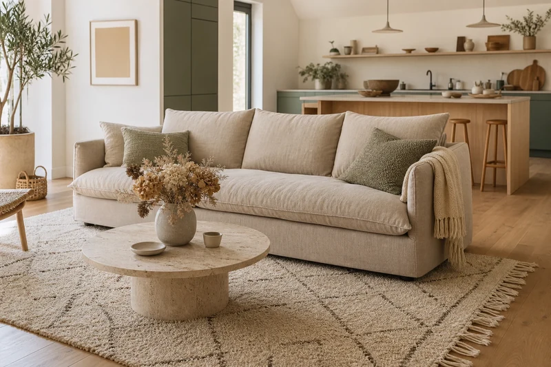 Tapis berbère beige sous le canapé ancrant le coin salon face à une cuisine ouverte vert sauge