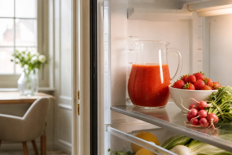 Pichet de gaspacho au repos au réfrigérateur avant le service
