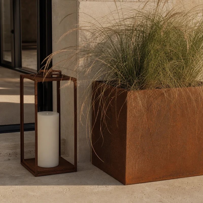 Acier corten patiné rouille en accent décoratif sur terrasse en travertin