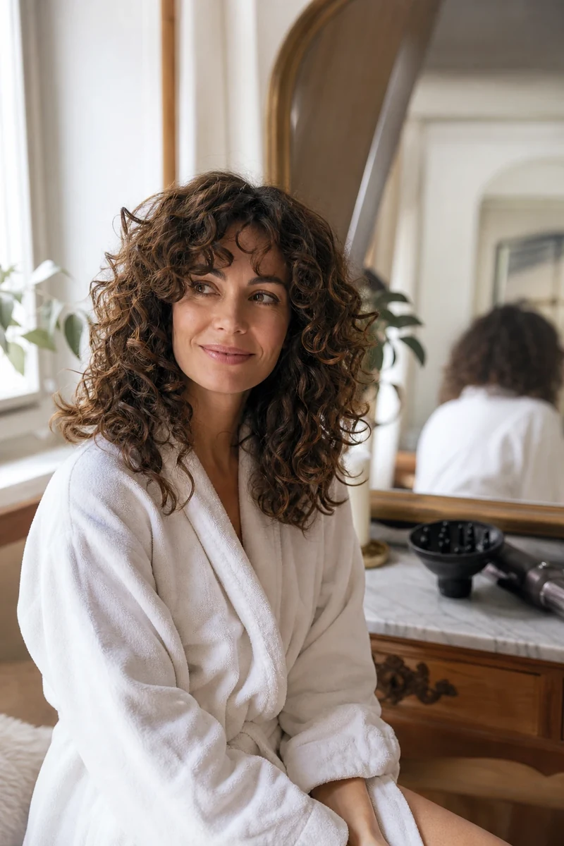 Soft Wolf Cut sur cheveux bouclés bruns avec couches respectant la forme naturelle