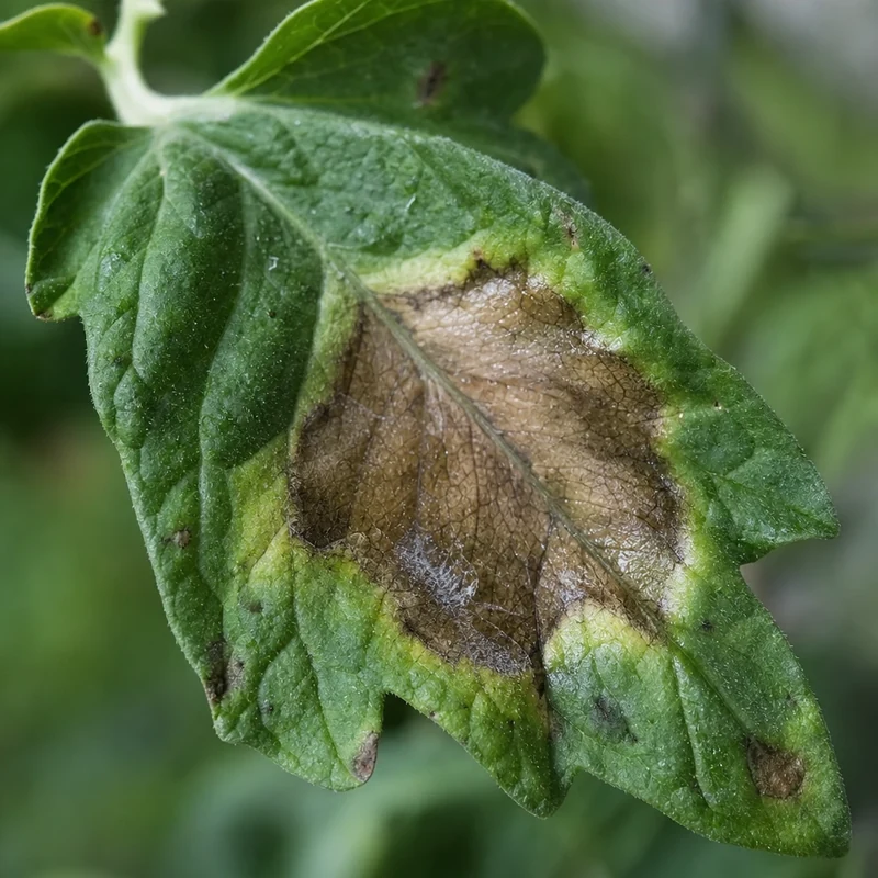 Feuille de tomate présentant les taches brunes auréolées et le duvet blanc du mildiou