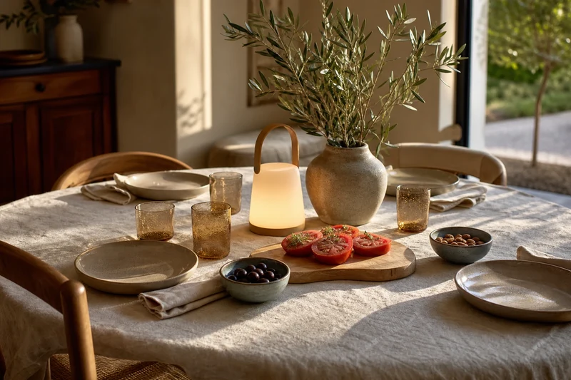 Table d'apéro estivale méditerranéenne : vaisselle terracotta, lin écru, verres bullés et lampe nomade