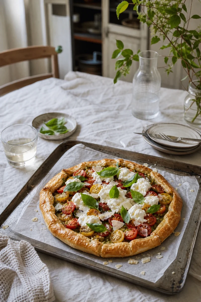 Variante rustique de la tarte tomate burrata aux tomates cerises et pesto