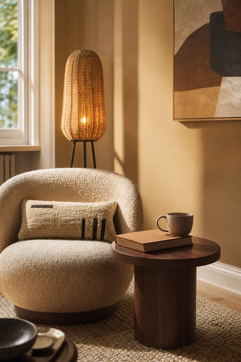 Coin lecture minimalisme organique avec fauteuil arrondi en bouclette