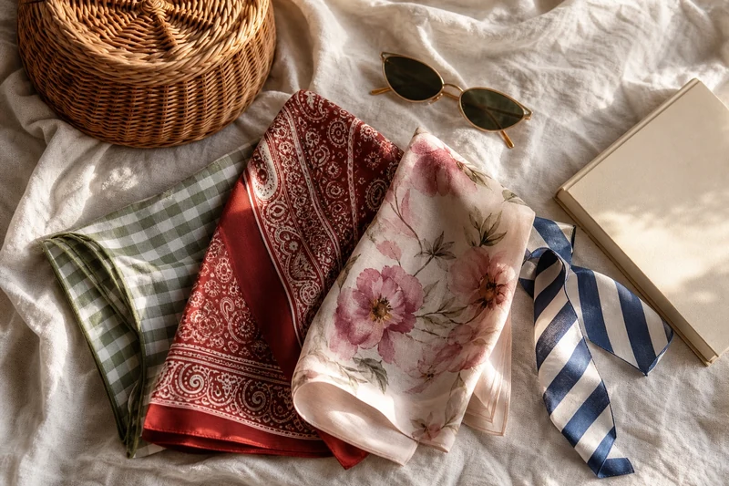 Mise à plat de quatre foulards aux imprimés tendance de l'été : vichy, paisley, floral et rayures.
